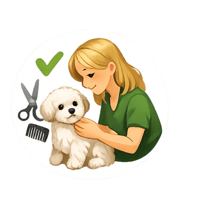 Slika prikazuje nego psa v salonu Veva, kjer strokovno skrbijo za videz in zdravje hišnih ljubljenčk.