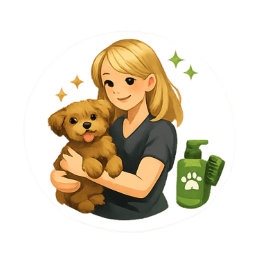 Umetniška slika lastnice s psom v salonu za nego psov, prikazuje srečno in čisto okolje za nego hišn.