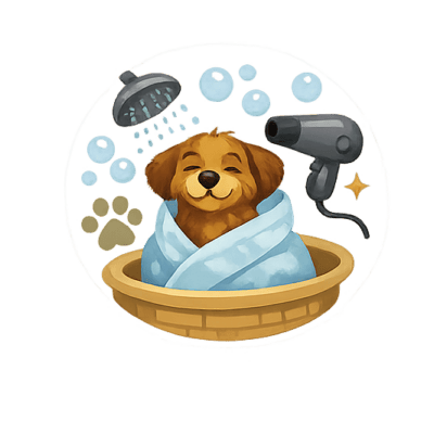 Srečen pes v kopeli z brisačo in sušilcem za lase.